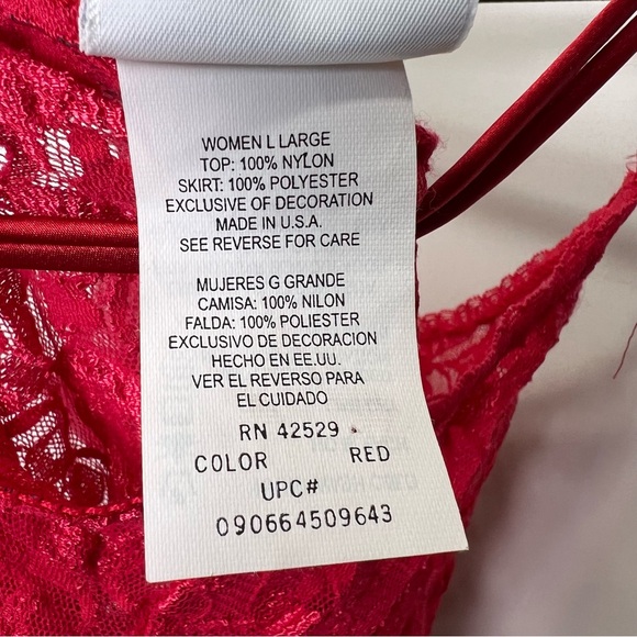 Vintage 90s Red Lace & Satin Slip Lingerie Thin Straps Heart Design Size Large - Picture 8 of 10